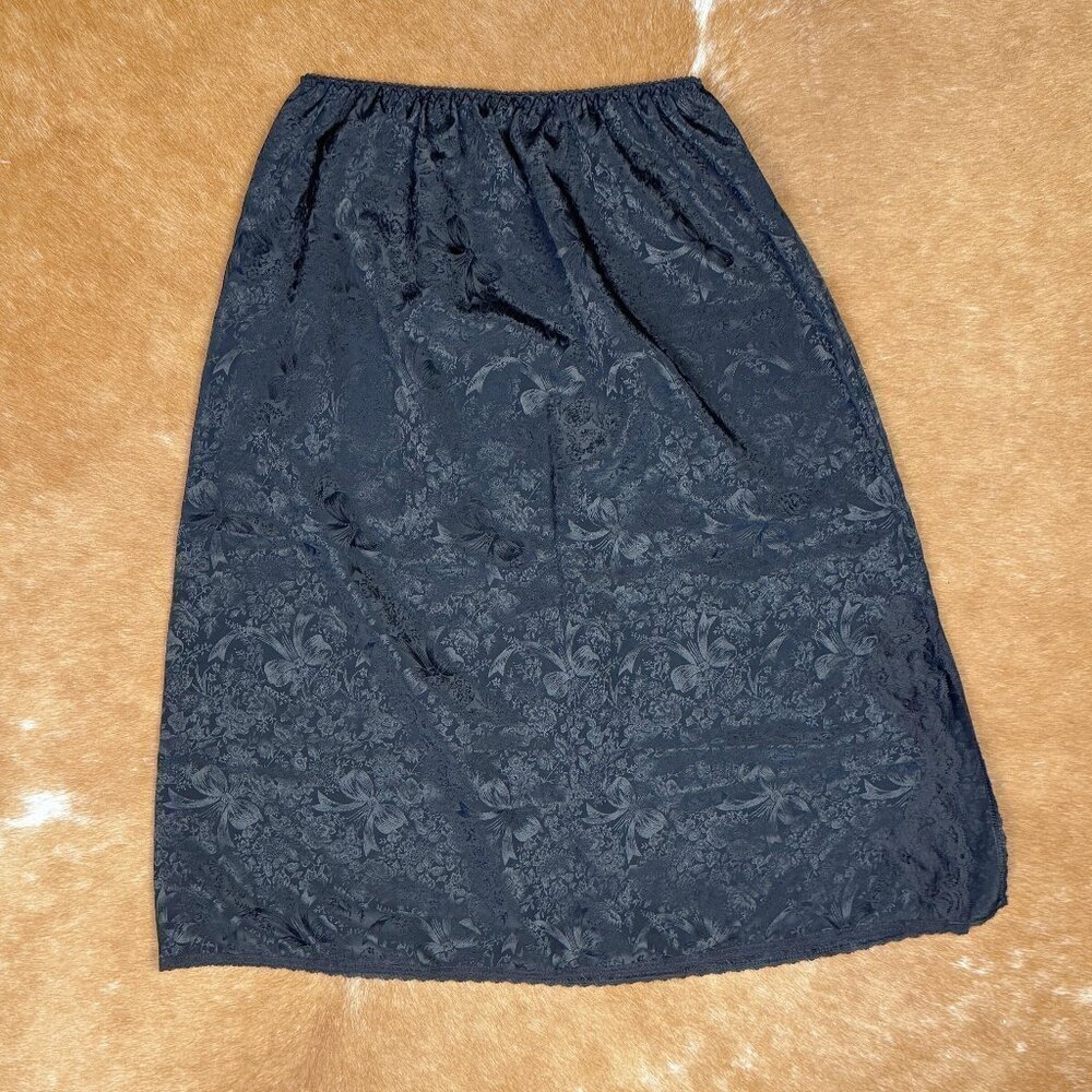 Vintage Black Floral Bow Slip Skirt with Side Slit, Lace Trim
